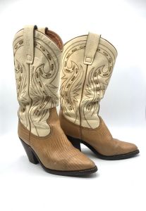 Vintage 1980s Rodolpho Valentino Cowboy Boots 80s Beige/Brown Leather High Heel Western Boots Women