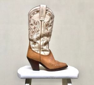 Vintage 1980s Rodolpho Valentino Cowboy Boots 80s Beige/Brown Leather High Heel Western Boots Women - Fashionconstellate.com
