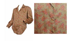 Vintage 70s Shirt Dainty Floral Print Blouse Long Sleeve Autumn Tones of Bronze Purple Red | M/L