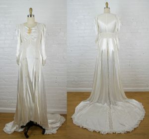 1930s white satin and lace wedding dress with long train and wax flowers corsage . xsmall