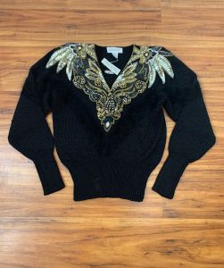 1980s Vintage Black Sequined and Beaded Statement Sweater | Bust 42'' to 48'' | Waist 26'' to 38'' | NWT