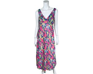 Vintage 1970s Mod Floral Print Nightie Bright Colour Nightgown Size Medium