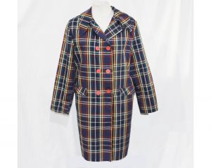 1960s Plaid Coat - Medium Spring 60s Mod Tartan with Double Breasting & Pockets - Blue Red Yellow