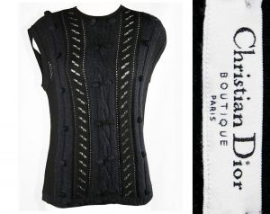 Size 8 Christian Dior Knit Top - ca. 1980 Designer Black Sleeveless Sweater - Paris Boutique 