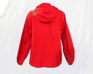 Medium Red Windbreaker with Hood - 1960s Folklore Style Cotton Canvas Casual Jacket - 50s 60s Hearts - Fashionconstellate.com