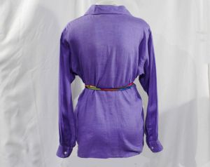 YSL Purple Linen Safari Blouse with Rainbow Silk Belt - Medium Size 10 Designer Long Sleeve Yves St  - Fashionconstellate.com