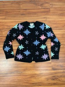 1990's Vintage Black Pastel Snowflake Novelty Cardigan by Talbots | Size Small | Cotton-Ramie-Linen 