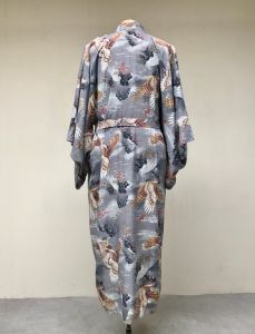 Vintage Japanese Cotton Yukata Kimono, Mid-Century Summer Robe with Hawk and Mountain Print Unisex - Fashionconstellate.com