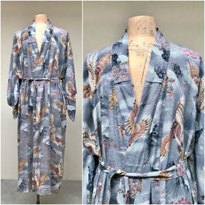 Vintage Japanese Cotton Yukata Kimono, Mid-Century Summer Robe with Hawk and Mountain Print Unisex