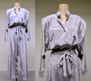 Vintage 1980s Silver Moonage Daydream Jumpsuit, 80s Pearl Gray Jacquard Glam Rock Disco Jumpsuit