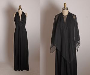 1970s Black Sleeveless Full Length Maxi Formal Cocktail Dress w/Matching Sheer Cape by San Gabriel