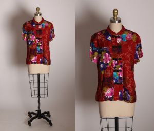 Deadstock Early 1980s Burgundy, Black, Pink and Blue Short Sleeve Frog Closure Blouse by Clio - XL