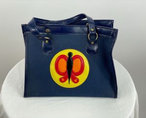 1960s 70s canvas tote bag with vinyl appliqued butterfly Made in Japan - Fashionconstellate.com