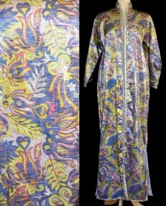 70s Metallic Silver Kaftan, Abstract Yellow, Blue and Red Print, Size L to XL, Large to Extra Large