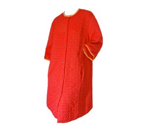 Vintage 60s Robe Quilted Orange Housecoat Button Down Bathrobe Lined Nylon | Size L/XL
