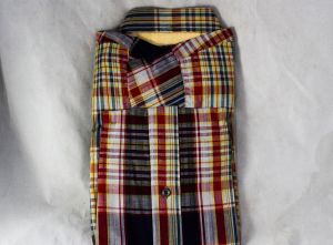 Size 12 Boy's Shirt - 1950s Red Navy Madras Plaid Cotton Oxford Preppy Top - Child's Long Sleeve - Fashionconstellate.com