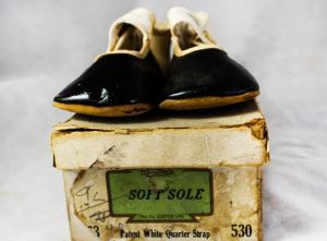 1910s Baby Shoes Authentic Antique Black & White Leather Soft Soled Button Strap Flats Size 3 Infant