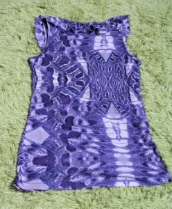 M/ 90's Vintage Sheer Lined Tank Top, Grey Blue and Purple Abstract Print Blouse, Ruffed Collar - Fashionconstellate.com