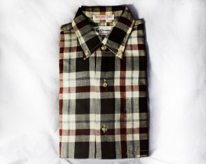 Size 12 Boy's Shirt - 1960s Plaid Cotton Oxford Shirt - Child's Long Sleeved Summer Fall 50s 60s