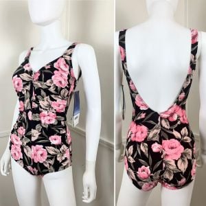 Small to Medium | Size 8 | 1990's Vintage Black and Pink Floral Ruched One Piece Swimsuit by Gabar