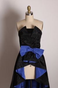 1980s Black and Blue Asymmetrical Strapless High Cut Front Hostess Overskirt Formal Cocktail Dress - Fashionconstellate.com