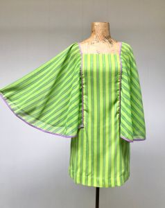 Vintage 1960s Mini Dress, 60s Lime Green Striped Cotton Voile Shift w/ Capelet Sleeves  - Fashionconstellate.com