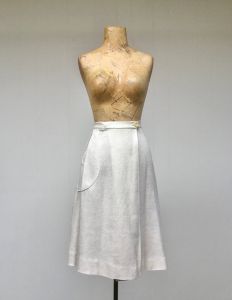 1970s Ivory Semi-Wrap Skirt, 70s Natural Rayon-Flax A-Line Skirt, 28 Inch Waist