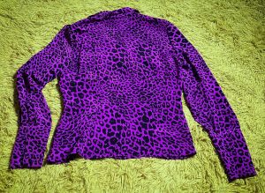 L/ Y2K Purple Animal Print Jacket, 100% Silk Leopard Print Top, Collared Cardigan by Dana Buchman - Fashionconstellate.com