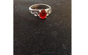 Vintage Ring, Faux Ruby Oval Gem, Silver Tone Pierced Setting, July Birthstone Size 7