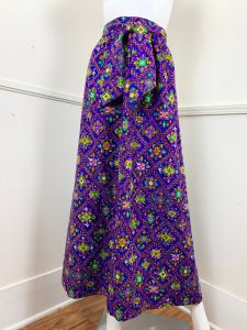 Medium | 1960's Vintage Purple Floral Medallion Print Maxi Skirt with Sash | Waist 28'' | Hips 52'' - Fashionconstellate.com