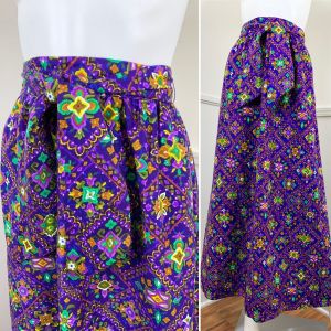 Medium | 1960's Vintage Purple Floral Medallion Print Maxi Skirt with Sash | Waist 28'' | Hips 52''
