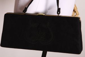 1940s Wide Rectangle Floral Inset Top Handle Clutch Purse - Fashionconstellate.com