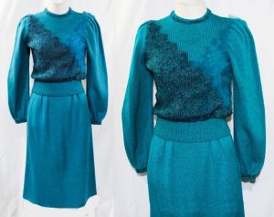 1980s Teal Dress Set - Vivid Turquoise Fluffy Angora Knit Sweater & Skirt - Confetti Popcorn Pink 