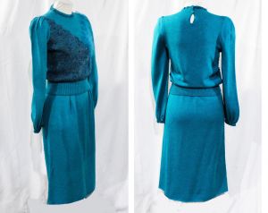 1980s Teal Dress Set - Vivid Turquoise Fluffy Angora Knit Sweater & Skirt - Confetti Popcorn Pink  - Fashionconstellate.com