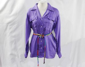 YSL Purple Linen Safari Blouse with Rainbow Silk Belt - Medium Size 10 Designer Long Sleeve Yves St 