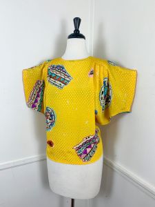 Large | Size 8 | 1980's Vintage Yellow Abstract Print Blouse by Tess | Bust 54'' | Waist 42''