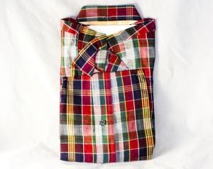 Size 12 Boy's Shirt - 1950s Red Green Navy Plaid Cotton Oxford Preppy Top Child's Long Sleeve Autumn - Fashionconstellate.com