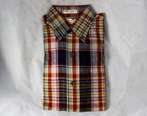 Size 12 Boy's Shirt - 1950s Red Navy Madras Plaid Cotton Oxford Preppy Top - Child's Long Sleeve