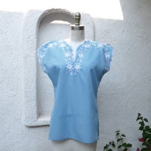 Light Blue Top, Size M, Embroidered Blouse