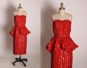 Late 1970s Red Sequin Strapless Knee Length Formal Prom Pageant Peplum Waist Dress - XS