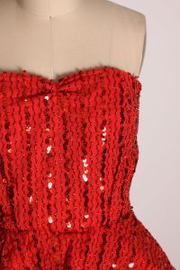 Late 1970s Red Sequin Strapless Knee Length Formal Prom Pageant Peplum Waist Dress - XS - Fashionconstellate.com