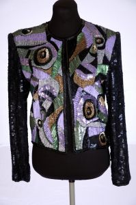 Vintage sequin jacket evening wear by Judith Ann Creations 1980s black abstract multicolor art to we