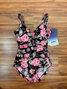 Small to Medium | Size 8 | 1990's Vintage Black and Pink Floral Ruched One Piece Swimsuit by Gabar - Fashionconstellate.com