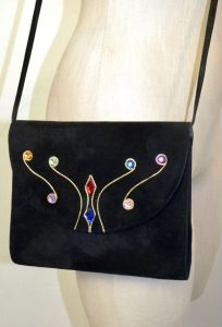 1980s Black Suede Shoulder Bag with Colorful Gems  | J Renee | 7.75'' W x 9'' H x 1.75'' D