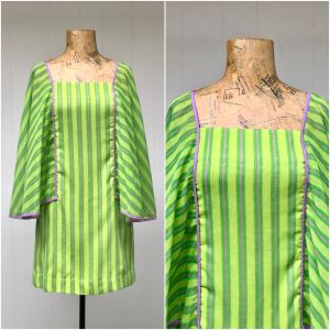Vintage 1960s Mini Dress, 60s Lime Green Striped Cotton Voile Shift w/ Capelet Sleeves 