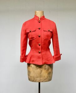 Vintage 1990s Ralph Lauren Linen Blazer, Orange Military Style Peplum Jacket, 36 Inch Bust - Fashionconstellate.com