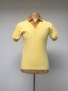 Vintage 1960s Men's Polo Shirt Yellow and Brown Acrylic Casual Shirt Mid-Century Short Sleeve 