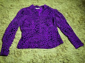 L/ Y2K Purple Animal Print Jacket, 100% Silk Leopard Print Top, Collared Cardigan by Dana Buchman
