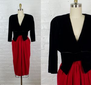 1980s Velvet Bow black and red party dress by Miss O by Oscar de la Renta . small