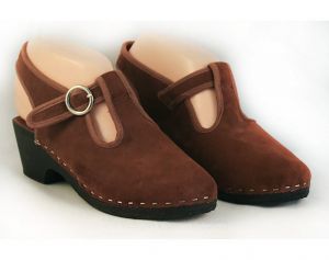 Size 7 Hippie Shoes - Brown Suede 1970s Mules with Buckle & Slingback - Cute Casual 70s 80s Leather 